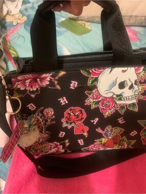 Ed Hardy Black Floral Skull Crossbody Satchel with Pink Accents